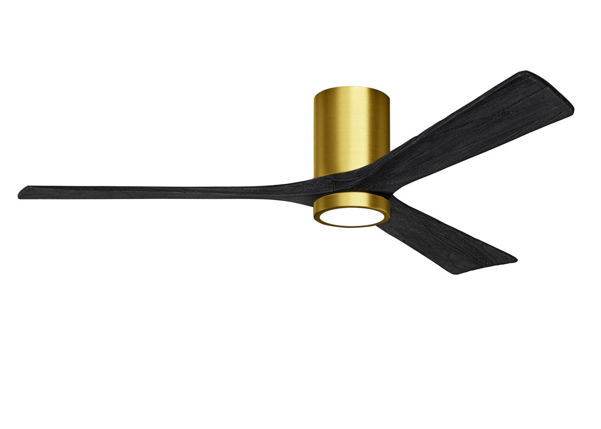 Matthews Fan IR3HLK-BRBR-BK-60 Irene-3HLK three-blade flush mount paddle fan in Brushed Brass finish with 60” solid matte black wood blades and integrated LED light kit.