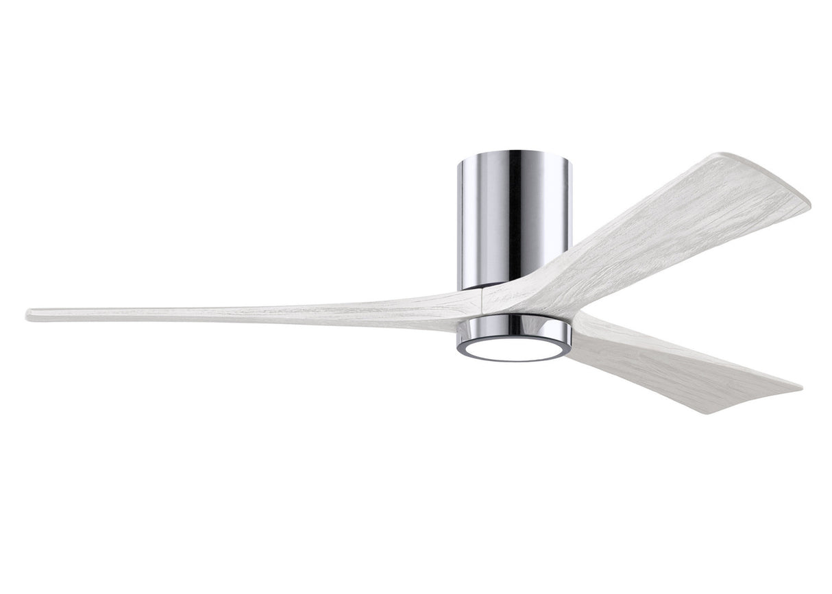 Matthews Fan IR3HLK-CR-MWH-60 Irene-3HLK three-blade flush mount paddle fan in Polished Chrome finish with 60” solid matte white wood blades and integrated LED light kit.