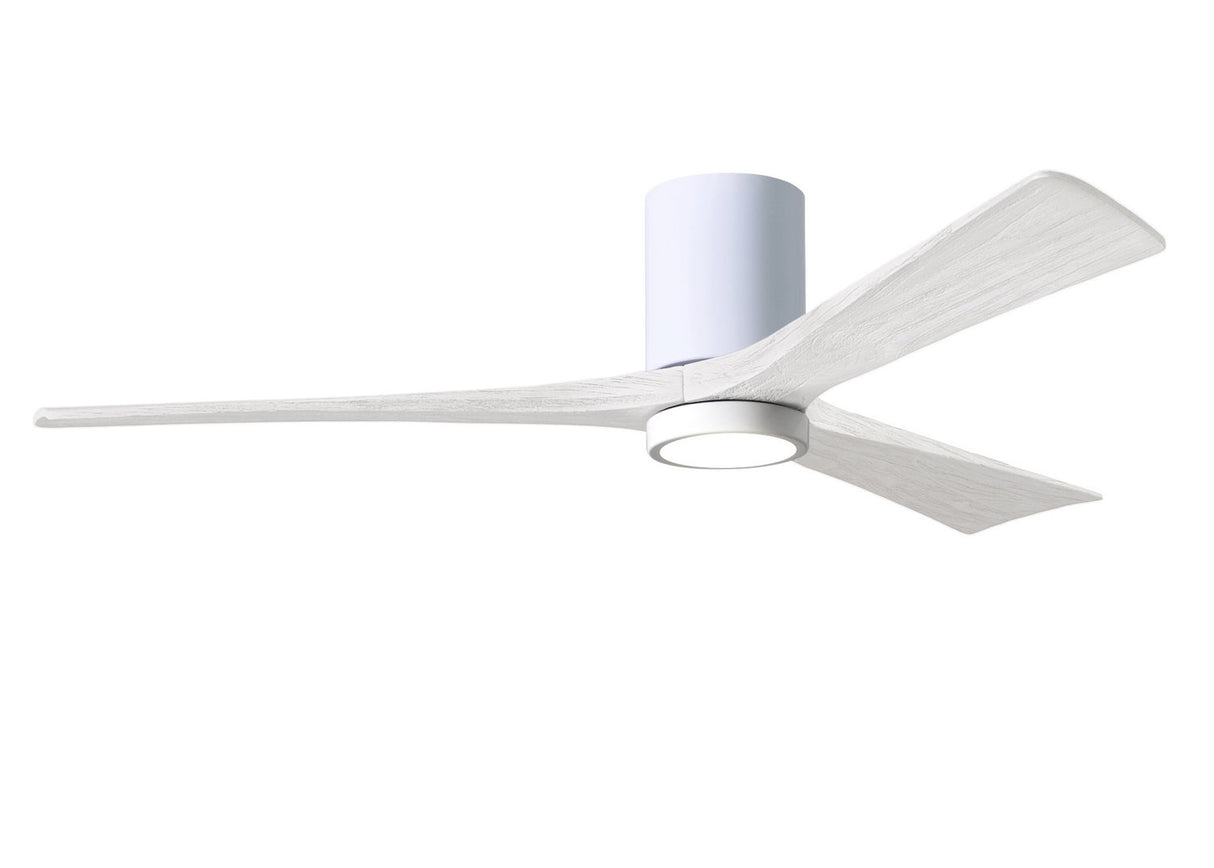 Matthews Fan IR3HLK-WH-MWH-60 Irene-3HLK three-blade flush mount paddle fan in Gloss White finish with 60” solid matte white wood blades and integrated LED light kit.