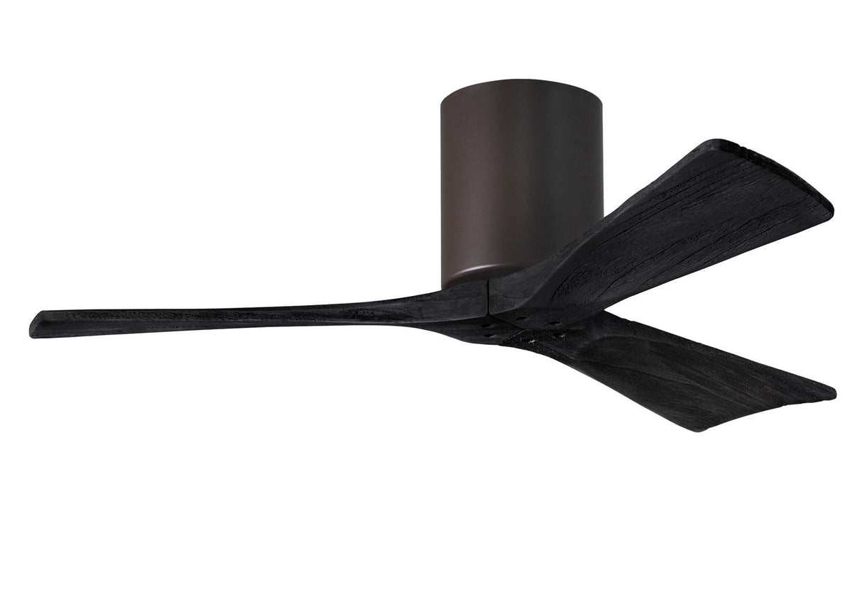 Matthews Fan IR3H-TB-BK-42 Irene-3H three-blade flush mount paddle fan in Textured Bronze finish with 42” solid matte black wood blades.