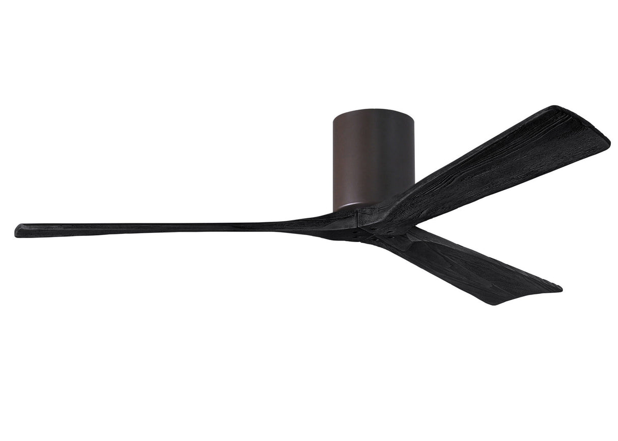 Matthews Fan IR3H-TB-BK-60 Irene-3H three-blade flush mount paddle fan in Textured Bronze finish with 60” solid matte black wood blades.