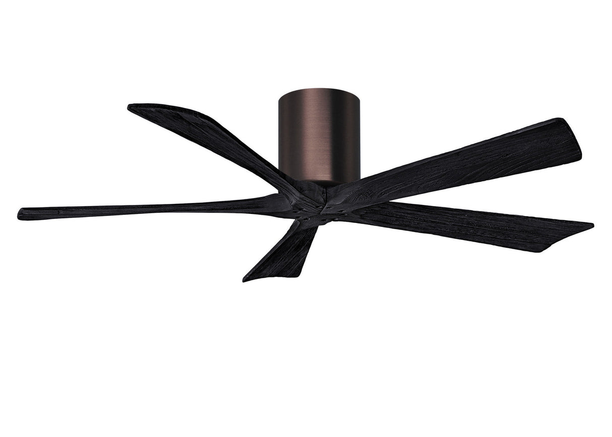 Matthews Fan IR5H-BB-BK-52 Irene-5H five-blade flush mount paddle fan in Brushed Bronze finish with 52” solid matte black wood blades. 