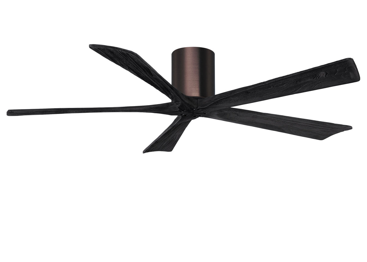 Matthews Fan IR5H-BB-BK-60 Irene-5H five-blade flush mount paddle fan in Brushed Bronze finish with 60” solid matte black wood blades.