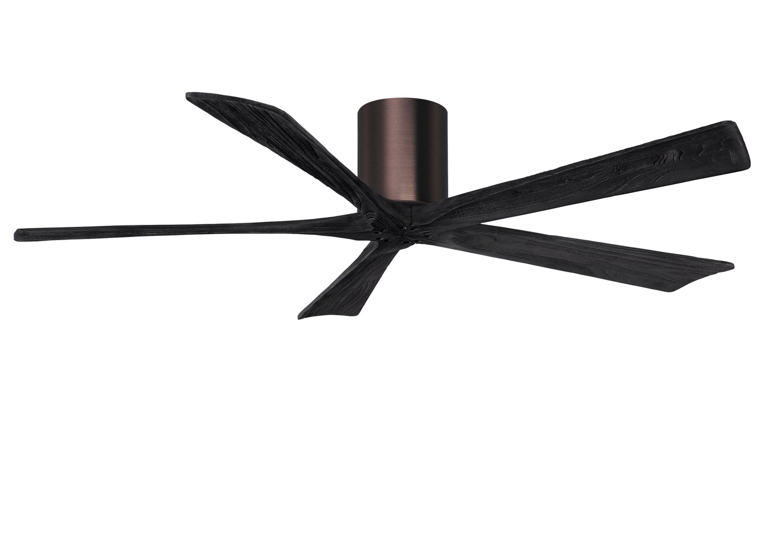 Matthews Fan IR5H-BB-BK-60 Irene-5H five-blade flush mount paddle fan in Brushed Bronze finish with 60” solid matte black wood blades.