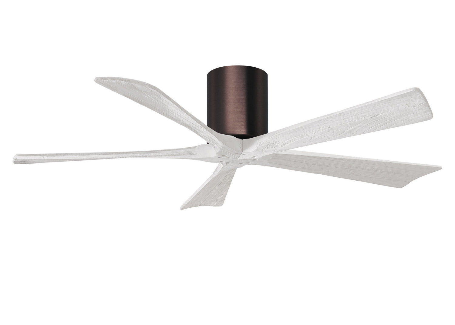 Matthews Fan IR5H-BB-MWH-52 Irene-5H five-blade flush mount paddle fan in Brushed Bronze finish with 52” solid matte white wood blades.