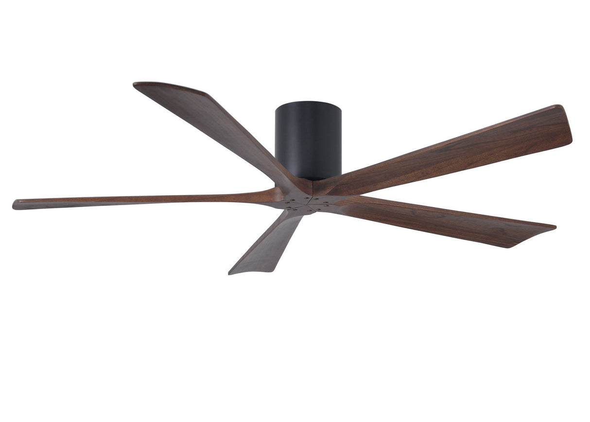 Matthews Fan IR5H-BK-WA-60 Irene-5H five-blade flush mount paddle fan in Matte Black finish with 60” solid walnut tone blades. 