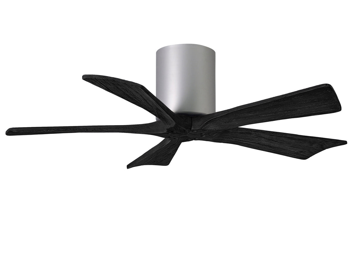 Matthews Fan IR5H-BN-BK-42 Irene-5H five-blade flush mount paddle fan in Brushed Nickel finish with 42” solid matte black wood blades. 