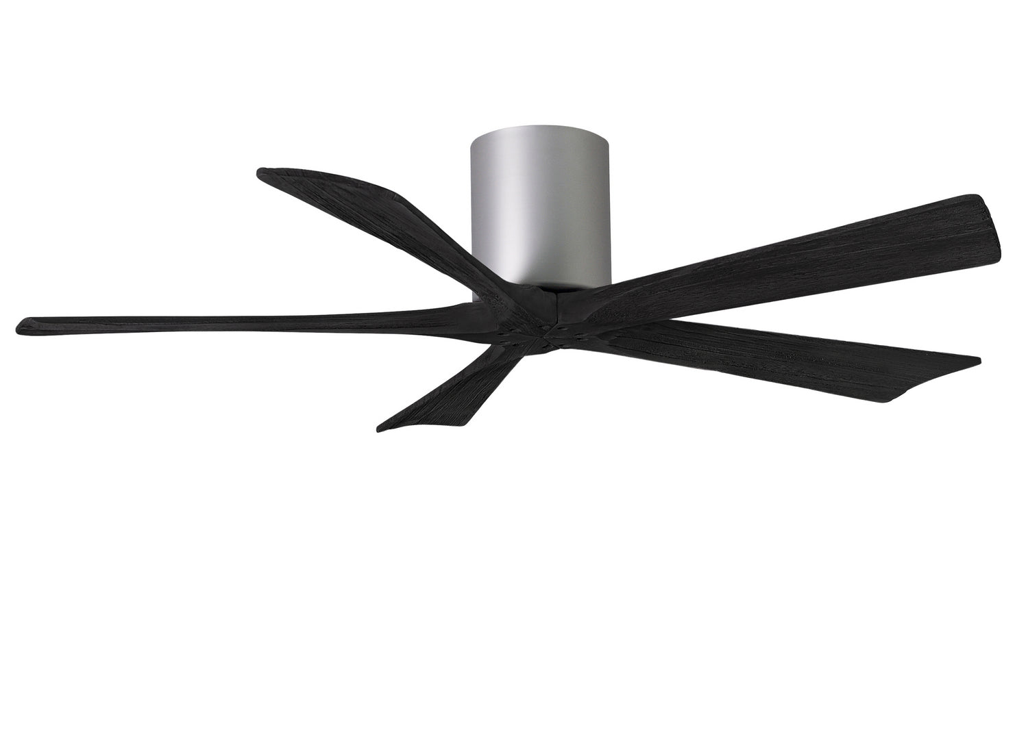 Matthews Fan IR5H-BN-BK-52 Irene-5H five-blade flush mount paddle fan in Brushed Nickel finish with 52” solid matte black wood blades.