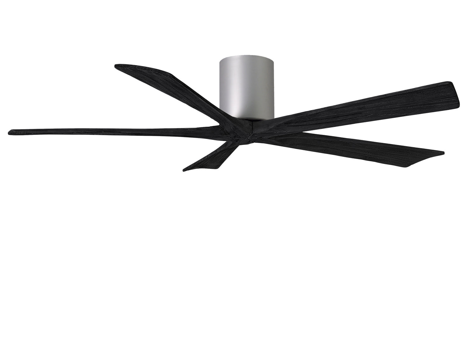 Matthews Fan IR5H-BN-BK-60 Irene-5H five-blade flush mount paddle fan in Brushed Nickel finish with 60” solid matte black wood blades.