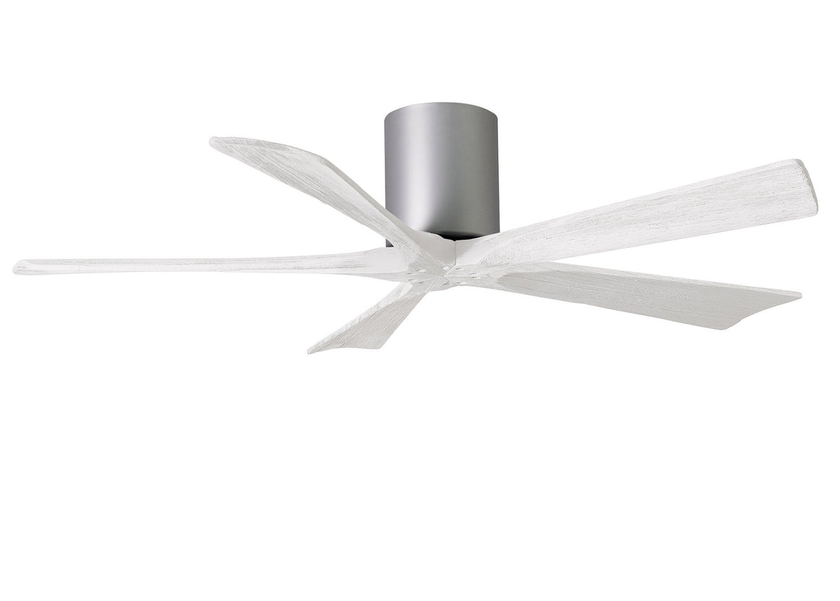 Matthews Fan IR5H-BN-MWH-52 Irene-5H five-blade flush mount paddle fan in Brushed Nickel finish with 52” solid matte white wood blades.