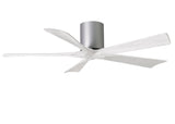 Matthews Fan IR5H-BN-MWH-52 Irene-5H five-blade flush mount paddle fan in Brushed Nickel finish with 52” solid matte white wood blades. 