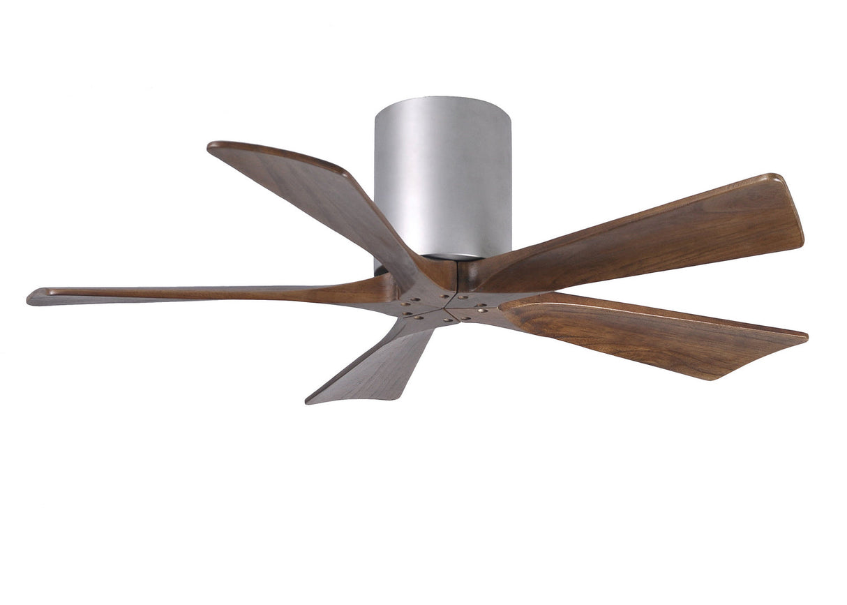 Matthews Fan IR5H-BN-WA-42 Irene-5H five-blade flush mount paddle fan in Brushed Nickel finish with 42” solid walnut tone blades. 