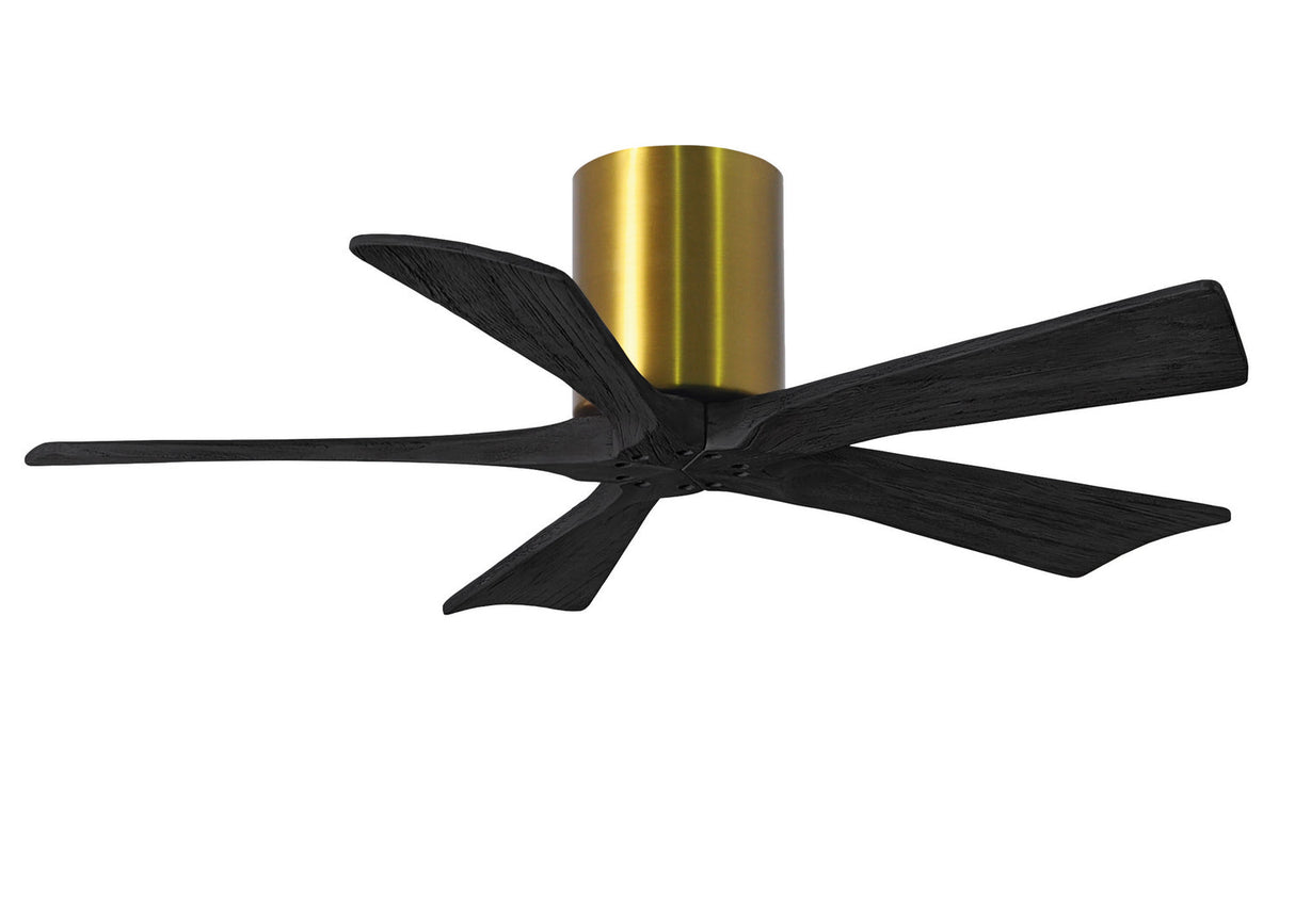 Matthews Fan IR5H-BRBR-BK-42 Irene-5H five-blade flush mount paddle fan in Brushed Brass finish with 42” solid matte black wood blades. 