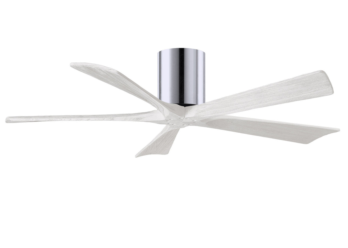 Matthews Fan IR5H-CR-MWH-52 Irene-5H five-blade flush mount paddle fan in Polished Chrome finish with 52” solid matte white wood blades.