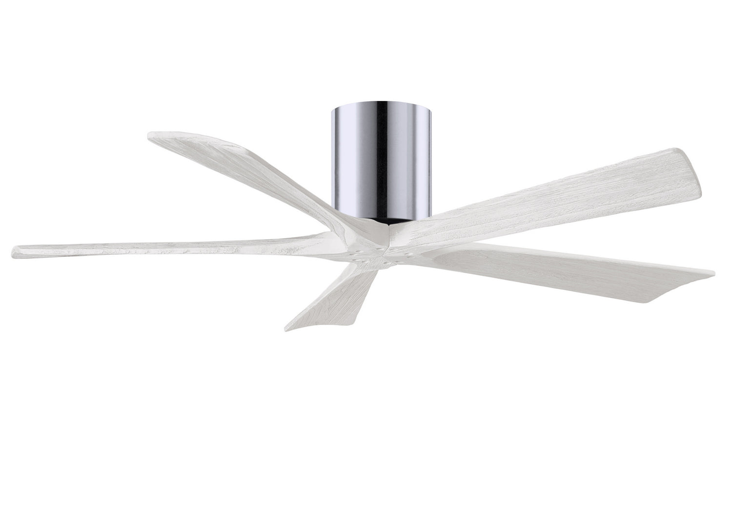 Matthews Fan IR5H-CR-MWH-52 Irene-5H five-blade flush mount paddle fan in Polished Chrome finish with 52” solid matte white wood blades.