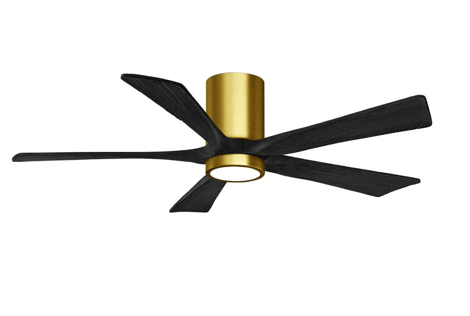 Matthews Fan IR5HLK-BRBR-BK-52 IR5HLK five-blade flush mount paddle fan in Brushed Brass finish with 52” solid barn wood tone blades and integrated LED light kit.