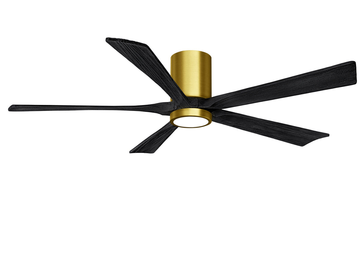 Matthews Fan IR5HLK-BRBR-BK-60 IR5HLK five-blade flush mount paddle fan in Brushed Brass finish with 60” solid barn wood tone blades and integrated LED light kit.