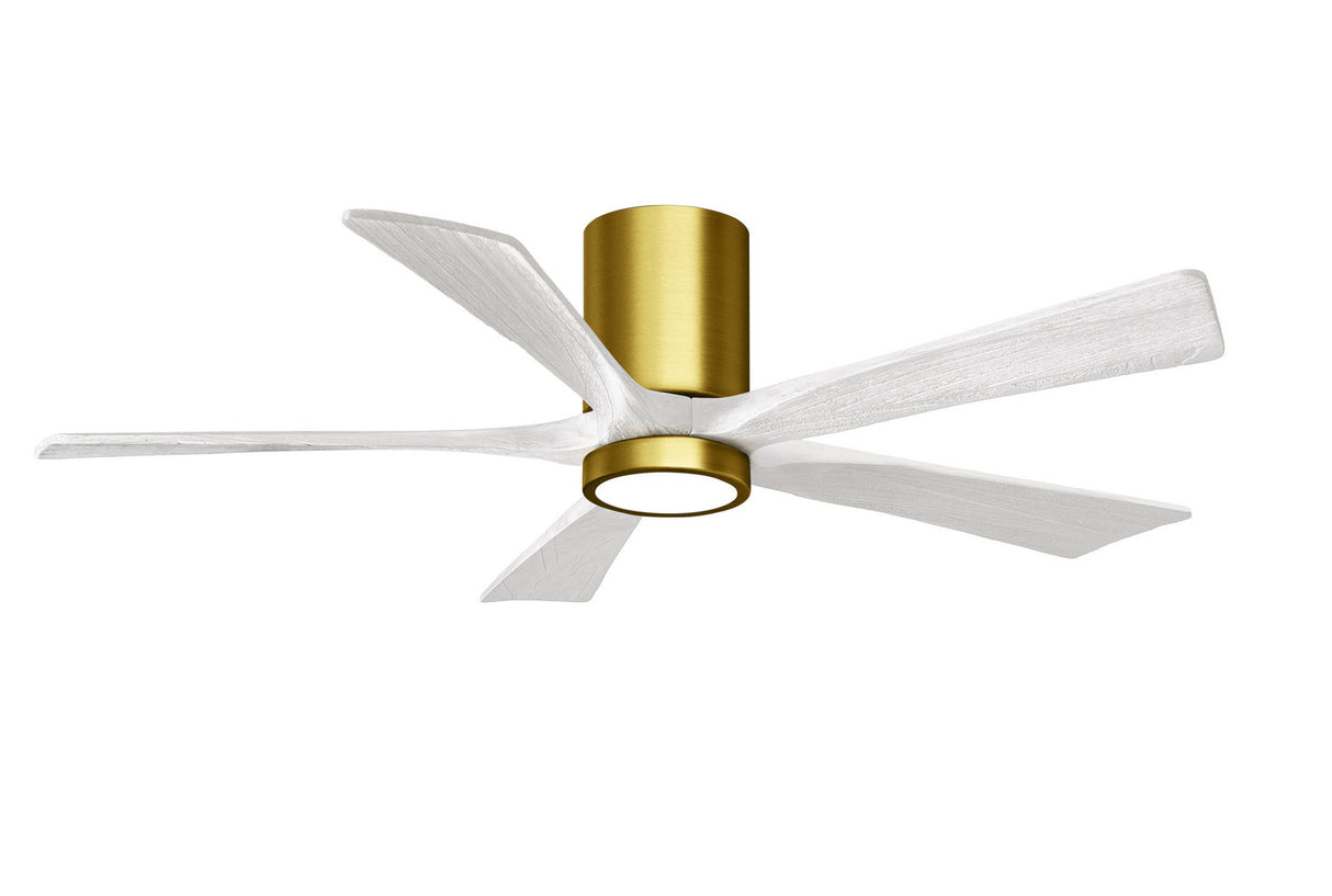 Matthews Fan IR5HLK-BRBR-MWH-52 IR5HLK five-blade flush mount paddle fan in Brushed Brass finish with 52” solid matte black wood blades and integrated LED light kit.