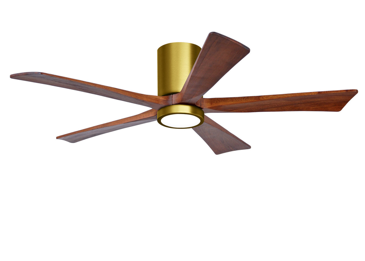 Matthews Fan IR5HLK-BRBR-WA-52 IR5HLK five-blade flush mount paddle fan in Brushed Brass finish with 52” solid matte white wood blades and integrated LED light kit.