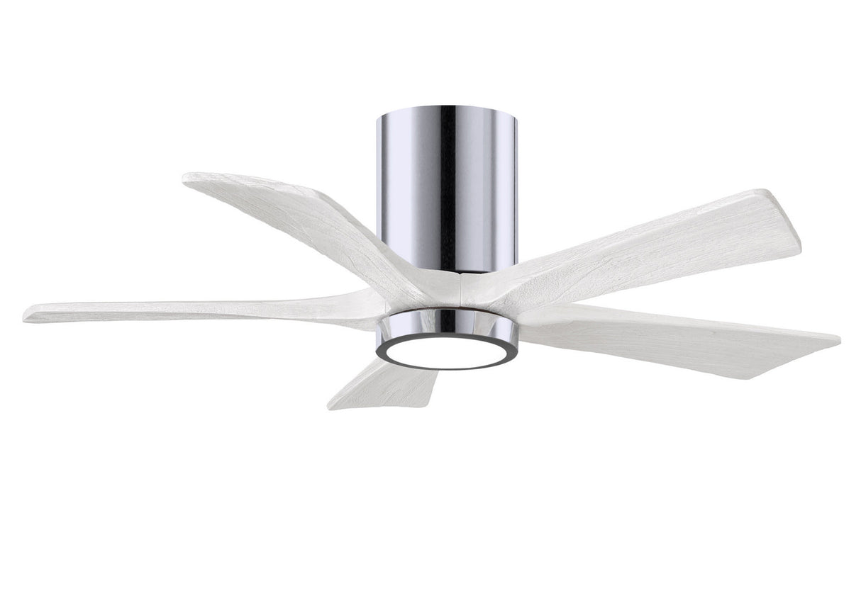 Matthews Fan IR5HLK-CR-MWH-42 IR5HLK five-blade flush mount paddle fan in Polished Chrome finish with 42” solid matte white wood blades and integrated LED light kit.
