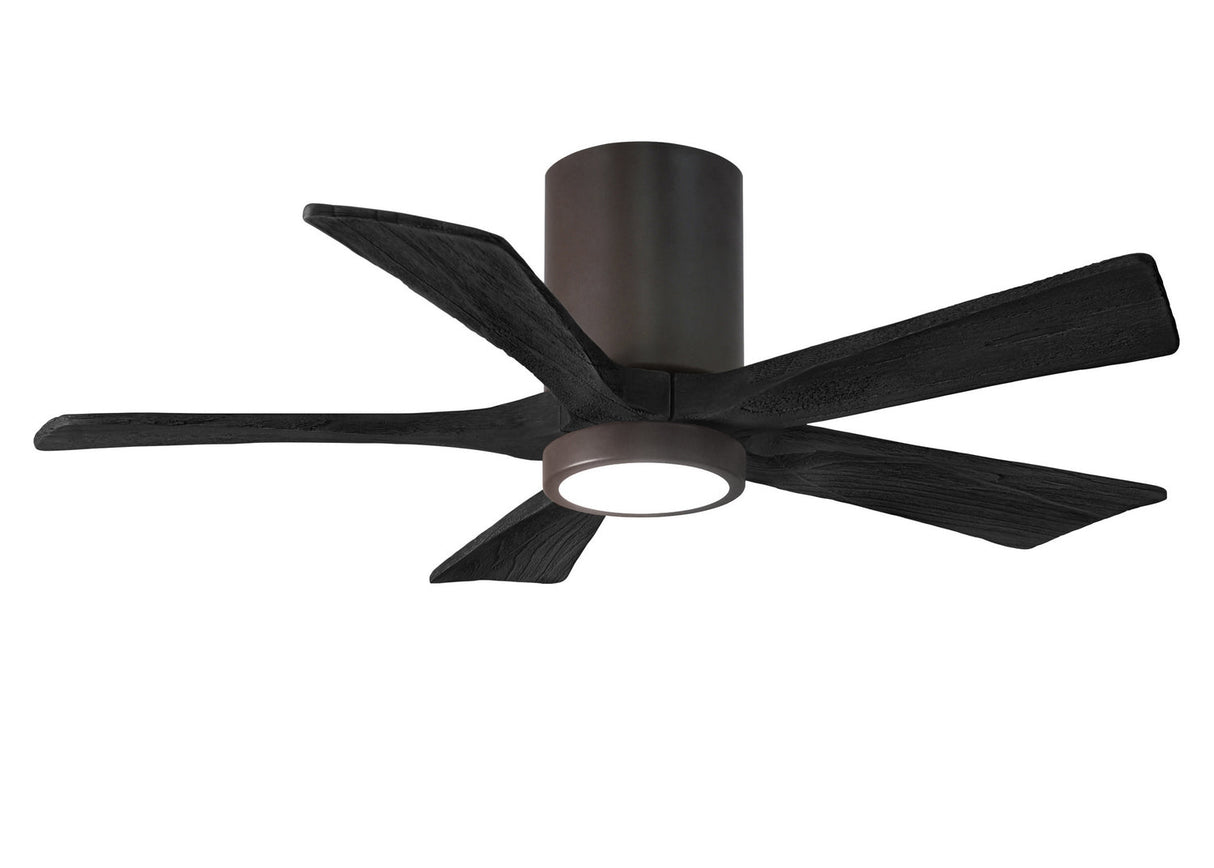 Matthews Fan IR5HLK-TB-BK-42 IR5HLK five-blade flush mount paddle fan in Textured Bronze finish with 42” solid matte black wood blades and integrated LED light kit.