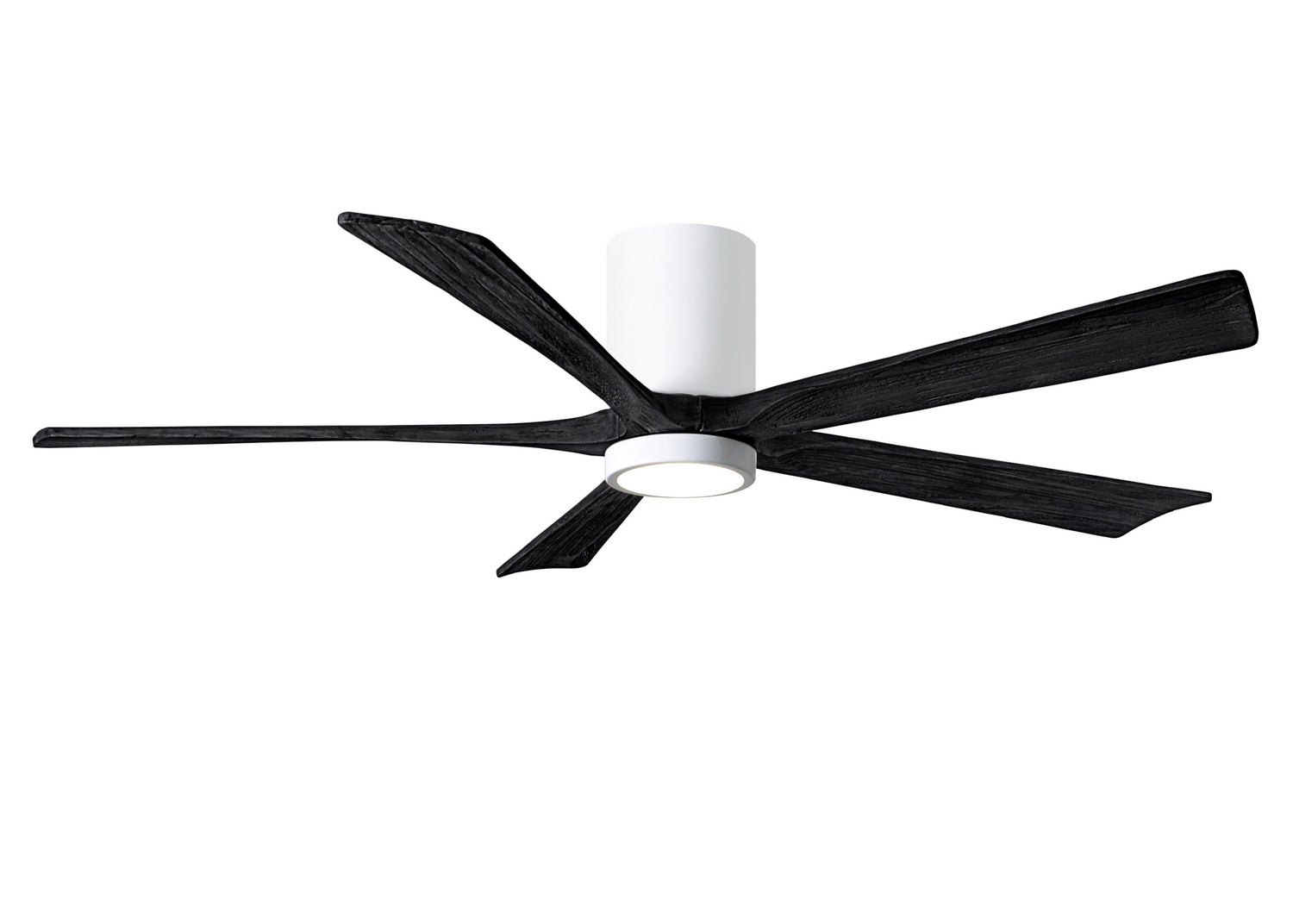 Matthews Fan IR5HLK-WH-BK-60 IR5HLK five-blade flush mount paddle fan in Gloss White finish with 60” solid matte black wood blades and integrated LED light kit.