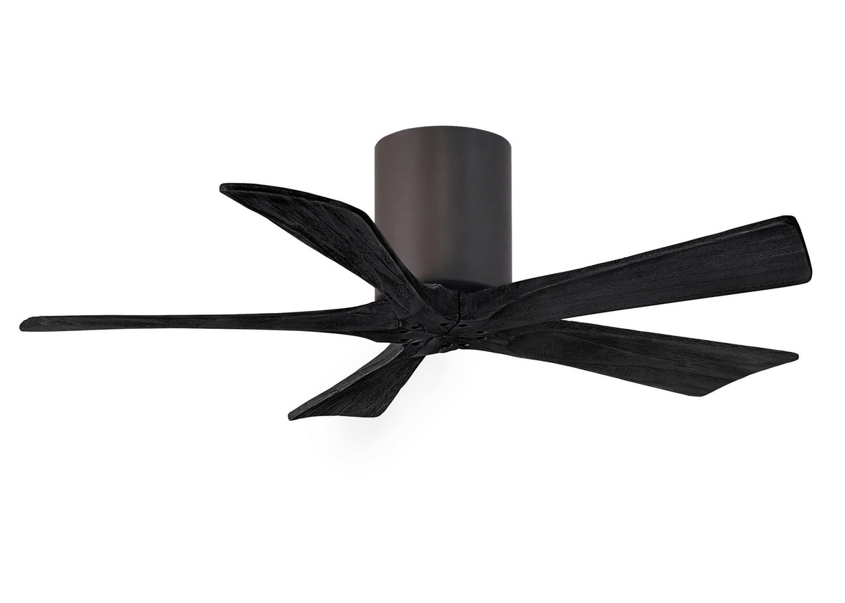 Matthews Fan IR5H-TB-BK-42 Irene-5H five-blade flush mount paddle fan in Textured Bronze finish with 42” solid matte black wood blades.