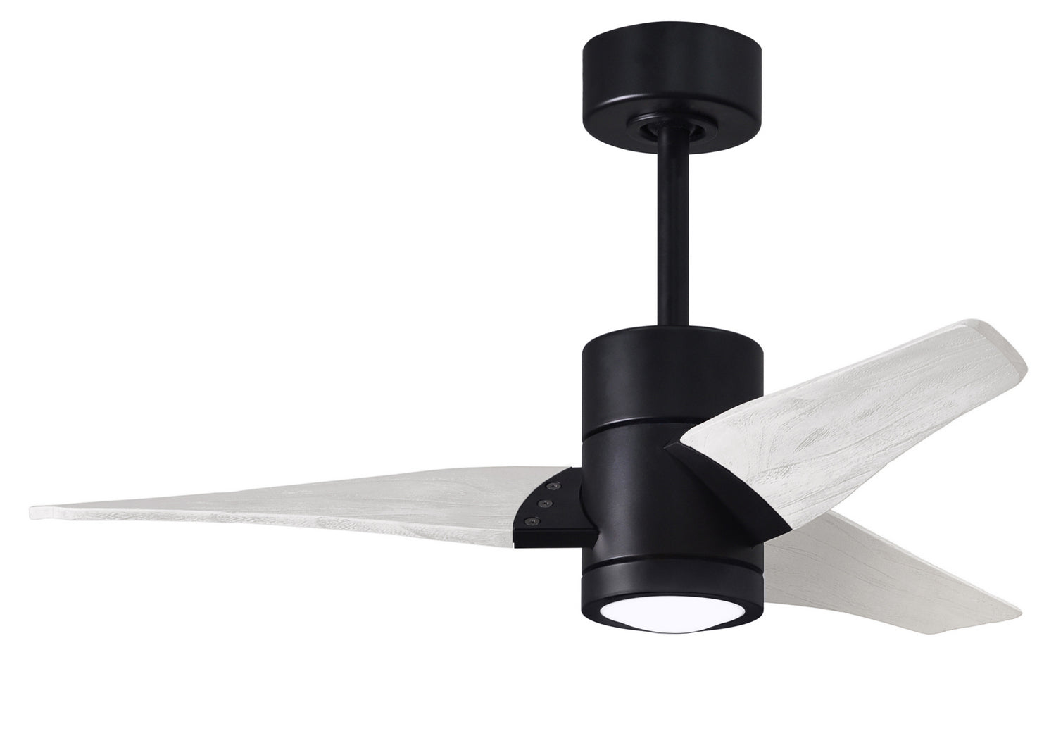 Matthews Fan SJ-BK-MWH-42 Super Janet three-blade ceiling fan in Matte Black finish with 42” solid matte white wood blades and dimmable LED light kit