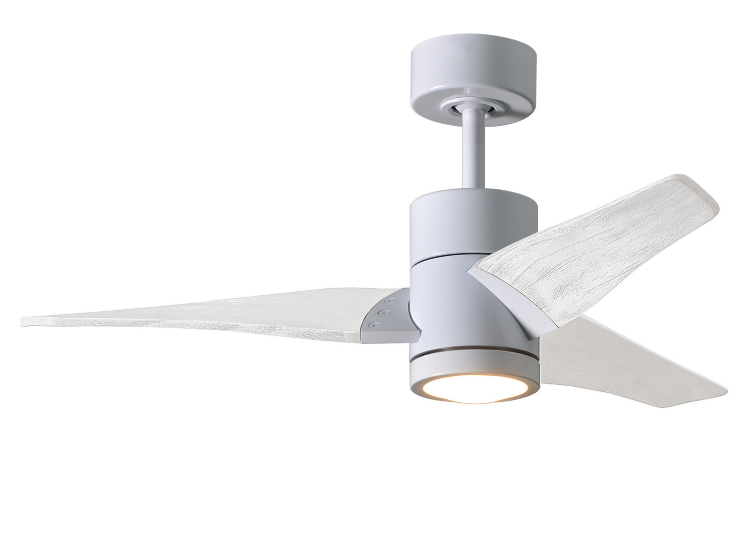 Matthews Fan SJ-WH-MWH-42 Super Janet three-blade ceiling fan in Gloss White finish with 42” solid matte white wood blades and dimmable LED light kit