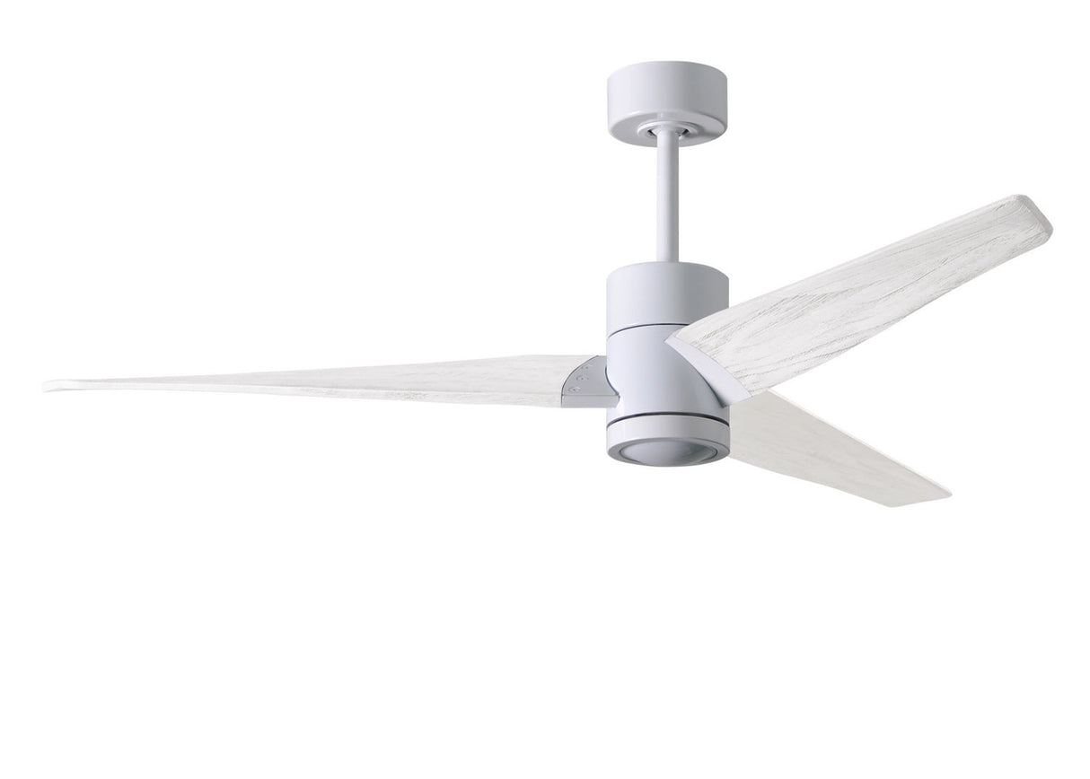 Matthews Fan SJ-WH-MWH-60 Super Janet three-blade ceiling fan in Gloss White finish with 60” solid matte white wood blades and dimmable LED light kit
