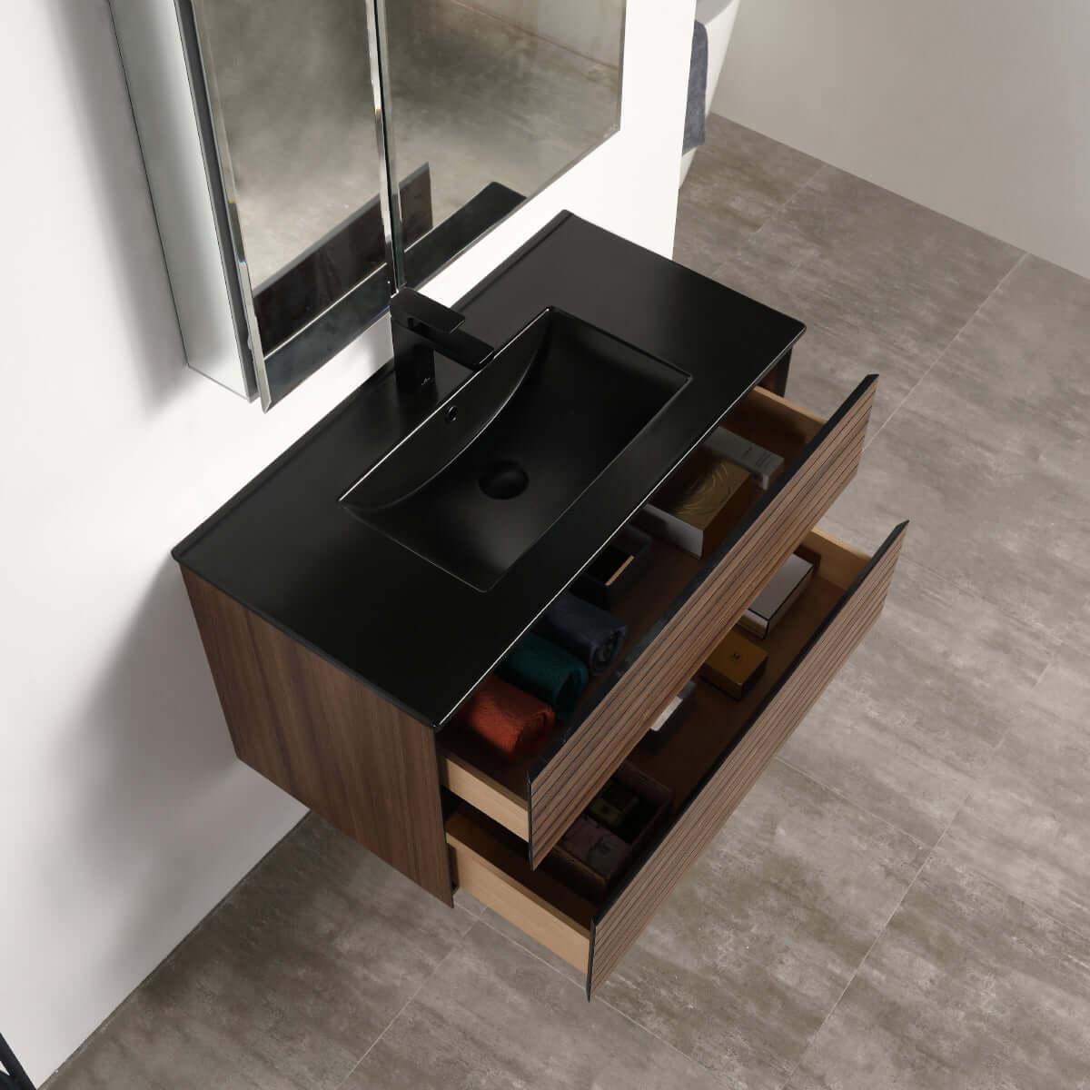 Blossom Annecy 36″ Wall-Hung Vanity - Modern Minimalist Design with Soft-Closing Drawers in Dark Walnut and Maple