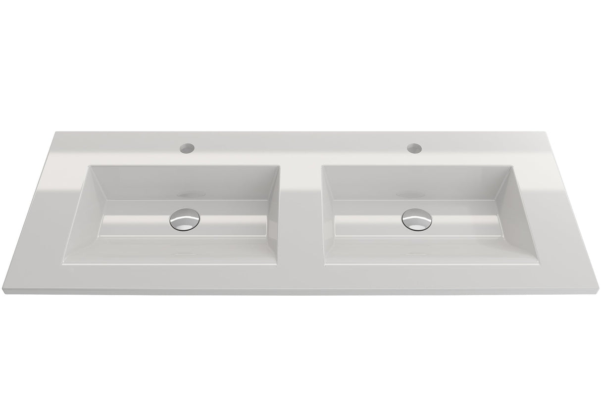 BOCCHI 1111-001-0132 Ravenna Wall-Mounted Sink Fireclay 48 in. Double Bowl for Two 1-Hole Faucets with Overflows in White