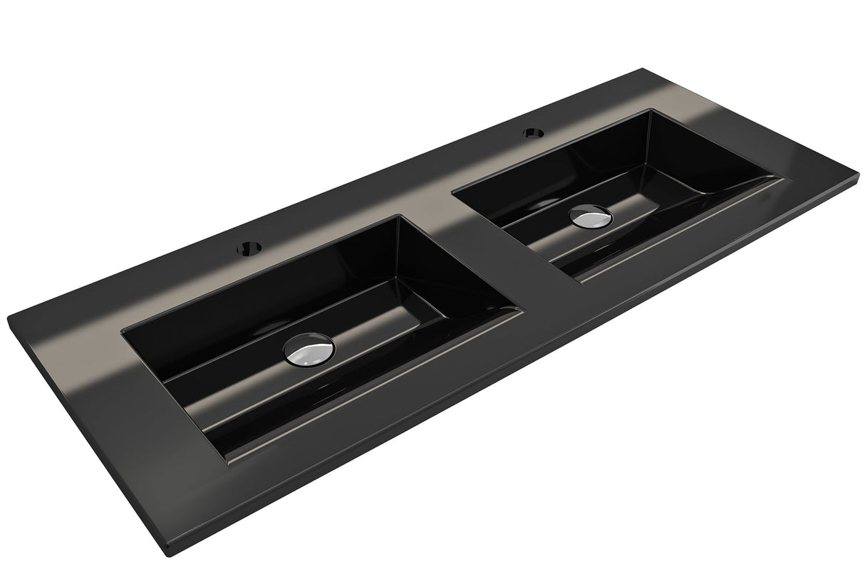 BOCCHI 1111-005-0132 Ravenna Wall-Mounted Sink Fireclay 48 in. Double Bowl for Two 1-Hole Faucets with Overflows in Black