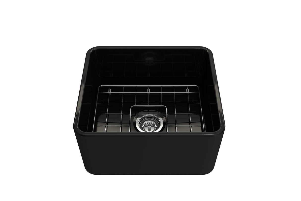 BOCCHI 1136-005-0120 Classico Farmhouse Apron Front Fireclay 20 in. Single Bowl Kitchen Sink with Protective Bottom Grid and Strainer in Black