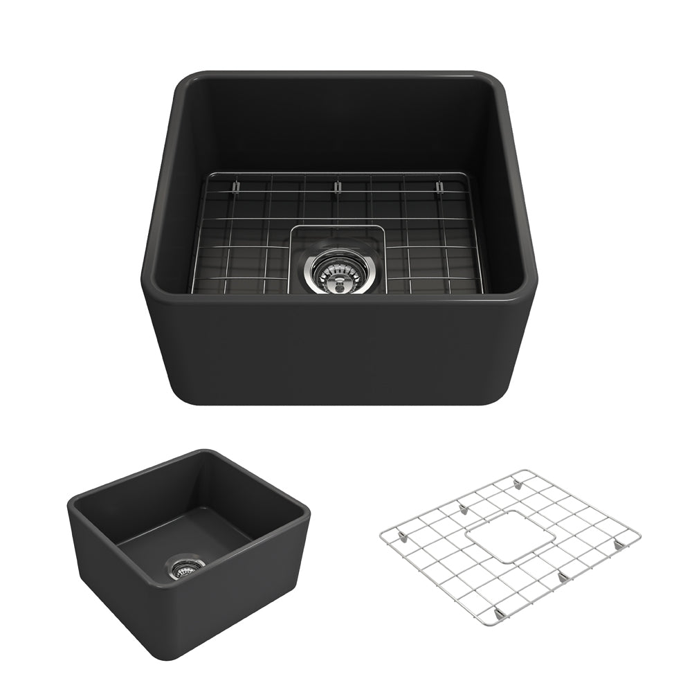 BOCCHI 1136-020-0120 Classico Farmhouse Apron Front Fireclay 20 in. Single Bowl Kitchen Sink with Protective Bottom Grid and Strainer in Matte Dark Gray