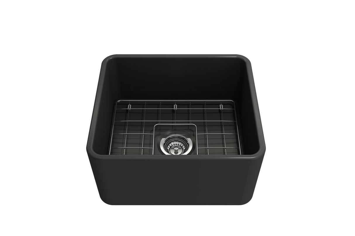 BOCCHI 1136-020-0120 Classico Farmhouse Apron Front Fireclay 20 in. Single Bowl Kitchen Sink with Protective Bottom Grid and Strainer in Matte Dark Gray