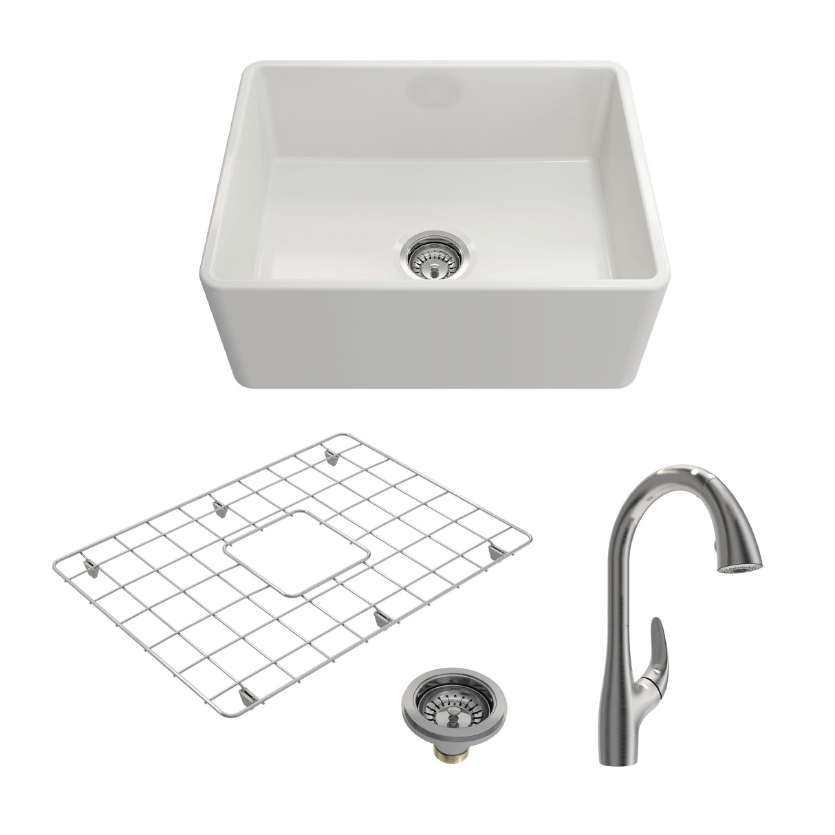 BOCCHI 1137-001-2024SS Kit: 1137 Classico Farmhouse Apron Front Fireclay 24 in. Single Bowl Kitchen Sink with Protective Bottom Grid and Strainer w/ Pagano 2.0 Faucet