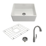 BOCCHI 1137-001-2024SS Kit: 1137 Classico Farmhouse Apron Front Fireclay 24 in. Single Bowl Kitchen Sink with Protective Bottom Grid and Strainer w/ Pagano 2.0 Faucet