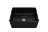 BOCCHI 1137-004-0120 Classico Farmhouse Apron Front Fireclay 24 in. Single Bowl Kitchen Sink with Protective Bottom Grid and Strainer in Matte Black
