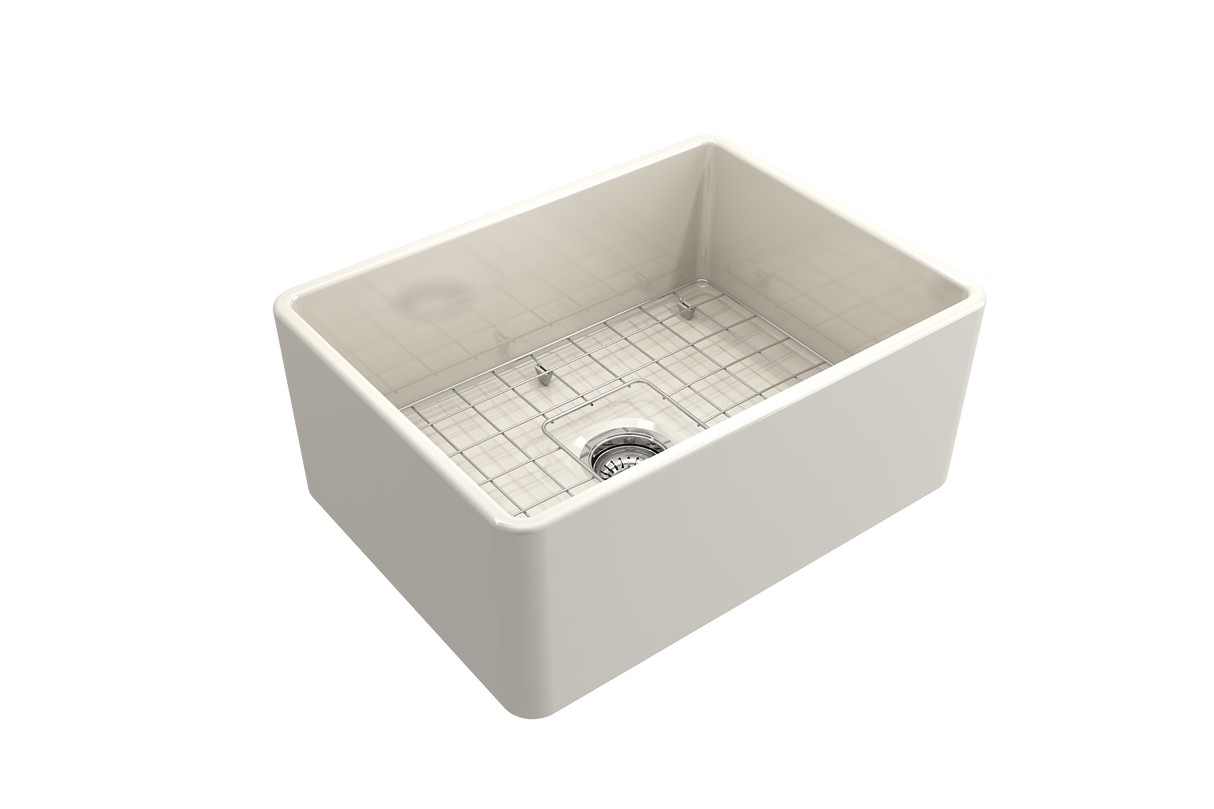 BOCCHI 1137-014-0120 Classico Farmhouse Apron Front Fireclay 24 in. Single Bowl Kitchen Sink with Protective Bottom Grid and Strainer in Biscuit