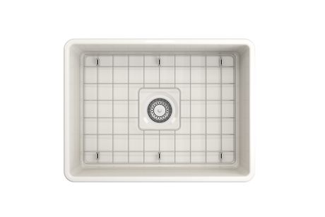 BOCCHI 1137-014-0120 Classico Farmhouse Apron Front Fireclay 24 in. Single Bowl Kitchen Sink with Protective Bottom Grid and Strainer in Biscuit
