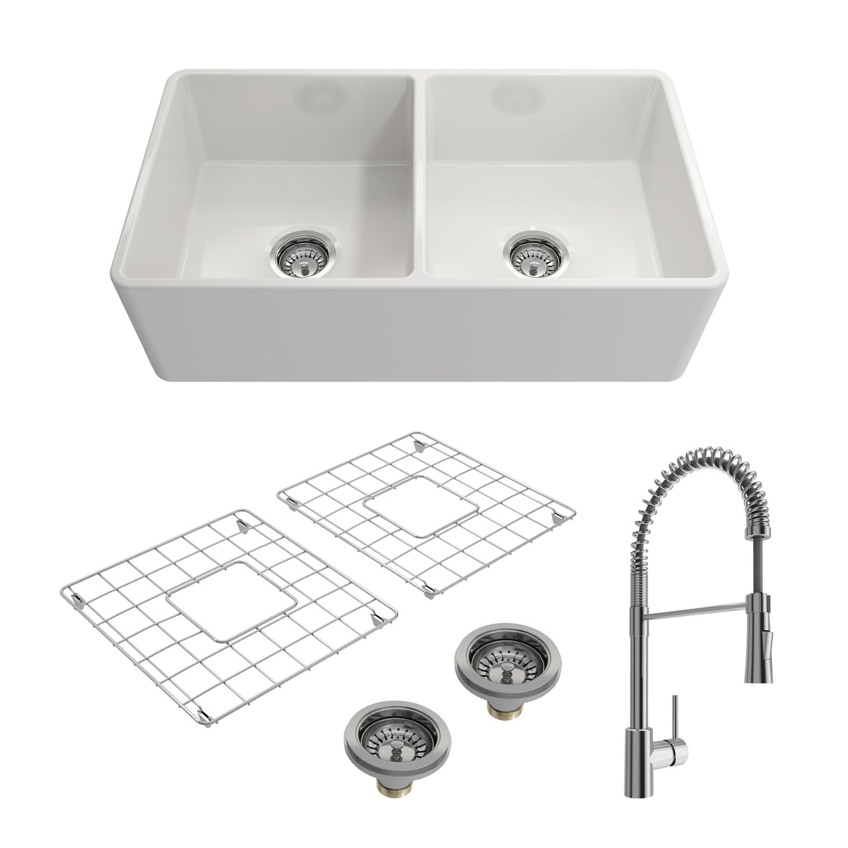 BOCCHI 1139-001-2020CH Kit: 1139 Classico Farmhouse Apron Front Fireclay 33 in. Double Bowl Kitchen Sink with Protective Bottom Grids and Strainers w/ Livenza 2.0 Faucet