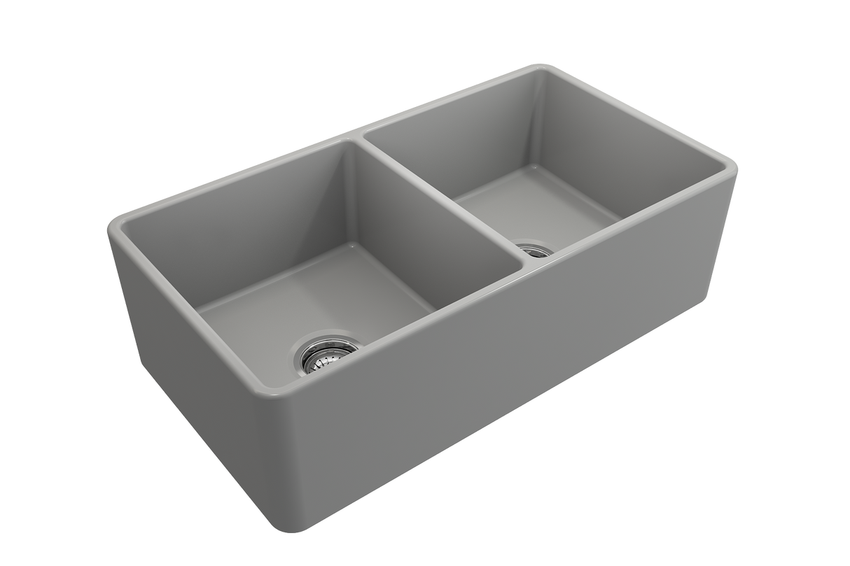 BOCCHI 1139-006-0120 Classico Farmhouse Apron Front Fireclay 33 in. Double Bowl Kitchen Sink with Protective Bottom Grids and Strainers in Matte Gray