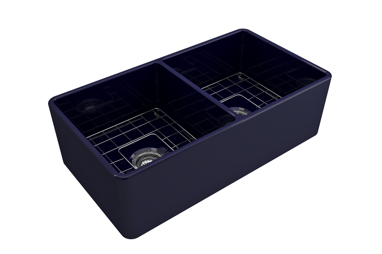 BOCCHI 1139-010-0120 Classico Farmhouse Apron Front Fireclay 33 in. Double Bowl Kitchen Sink with Protective Bottom Grids and Strainers in Sapphire Blue