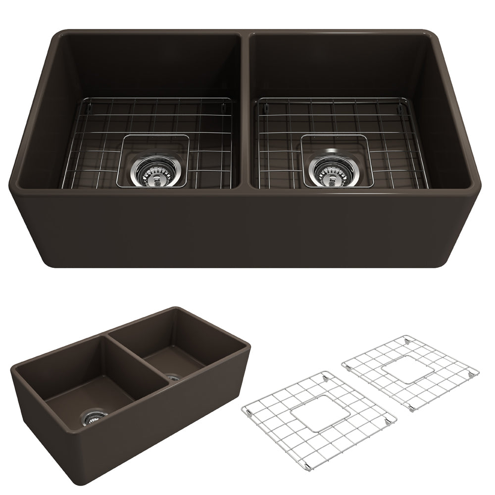 BOCCHI 1139-025-0120 Classico Farmhouse Apron Front Fireclay 33 in. Double Bowl Kitchen Sink with Protective Bottom Grids and Strainers in Matte Brown