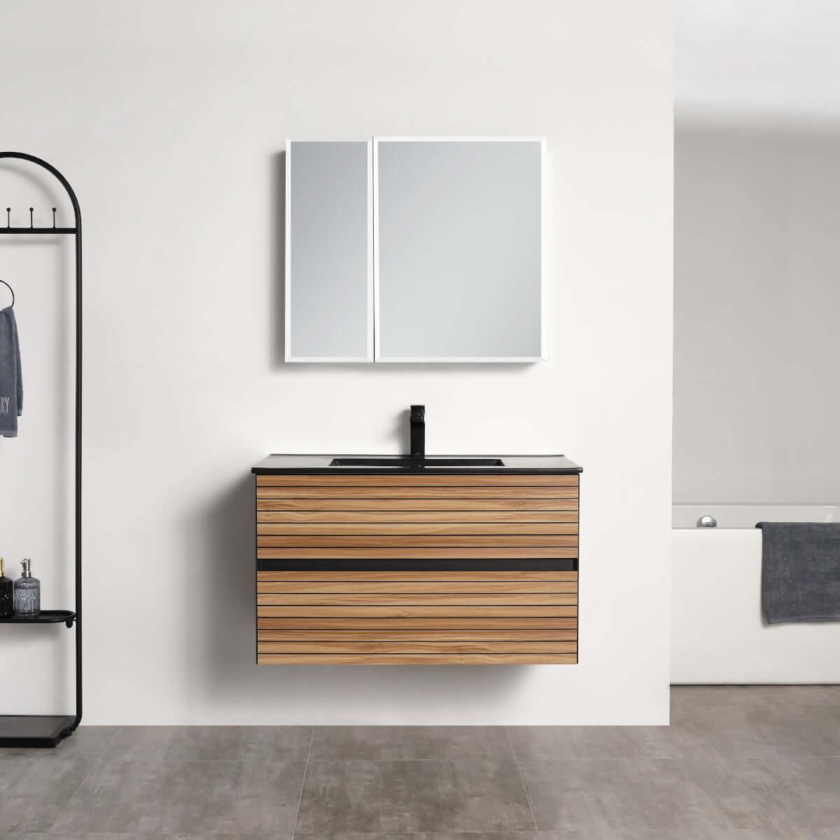 Blossom Annecy 36″ Wall-Hung Vanity - Modern Minimalist Design with Soft-Closing Drawers in Maple - black basin, front