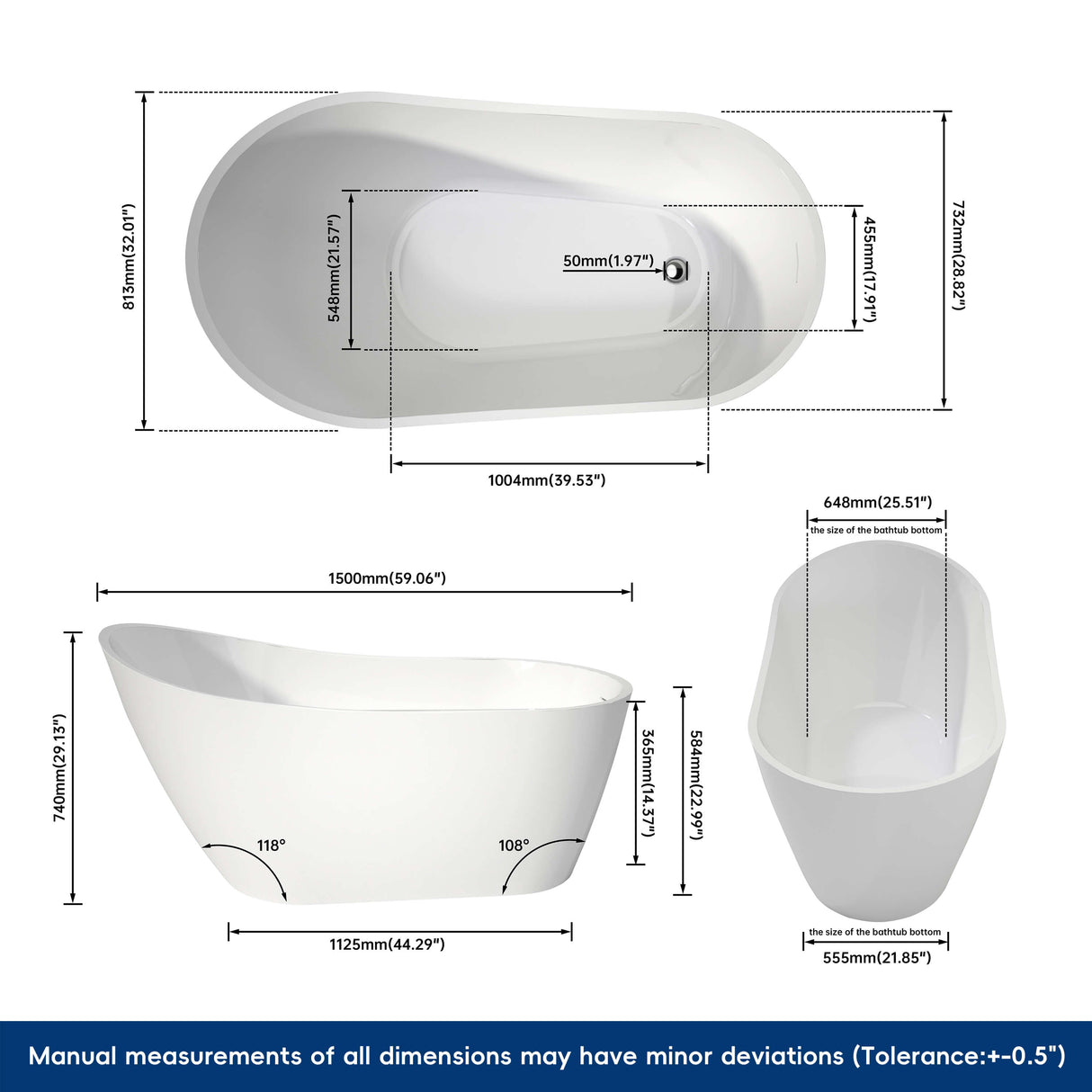 New England Home Goods Matira 59" Freestanding Tub in White - Stone Resin Solid Surface