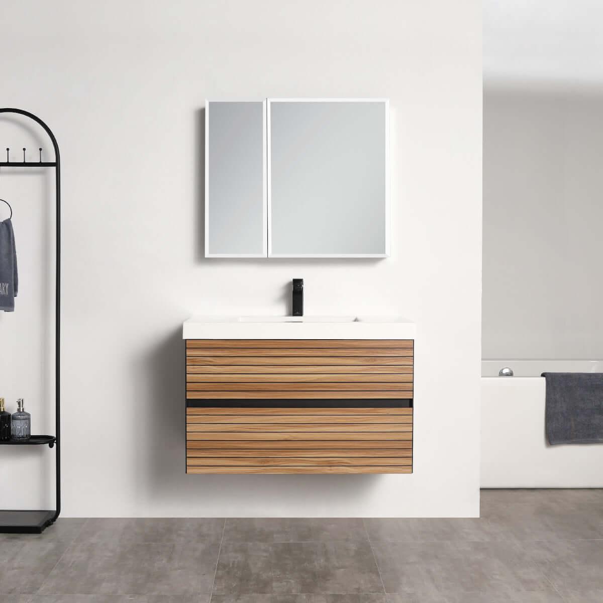 Blossom Annecy 36″ Wall-Hung Vanity - Modern Minimalist Design with Soft-Closing Drawers in Dark Walnut and Maple