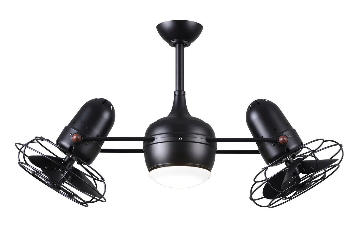 Matthews Fan DGLK-BK-MTL Dagny 360° double-headed rotational ceiling fan with light kit in Matte Black finish with metal blades.