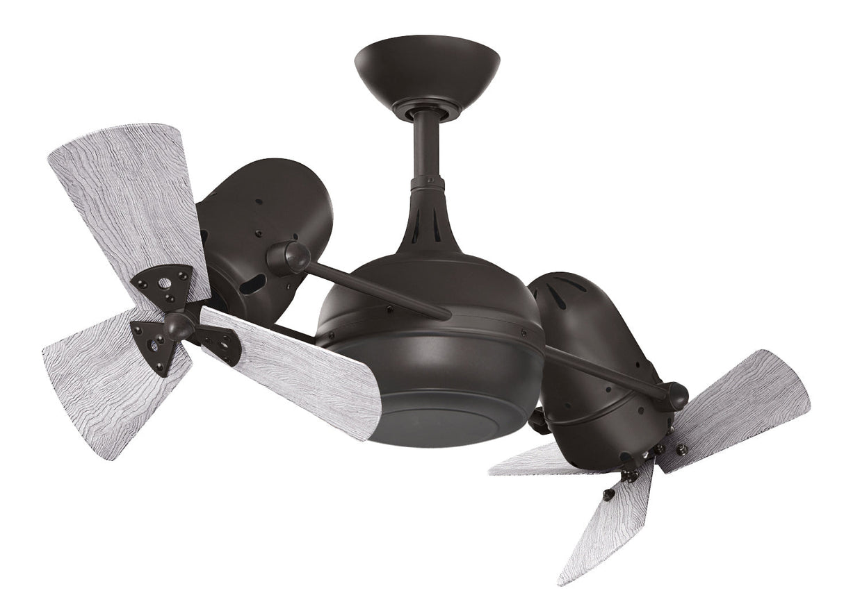 Matthews Fan DG-TB-WDBW Dagny 360° double-headed rotational ceiling fan in Textured Bronze finish with solid barn wood blades.